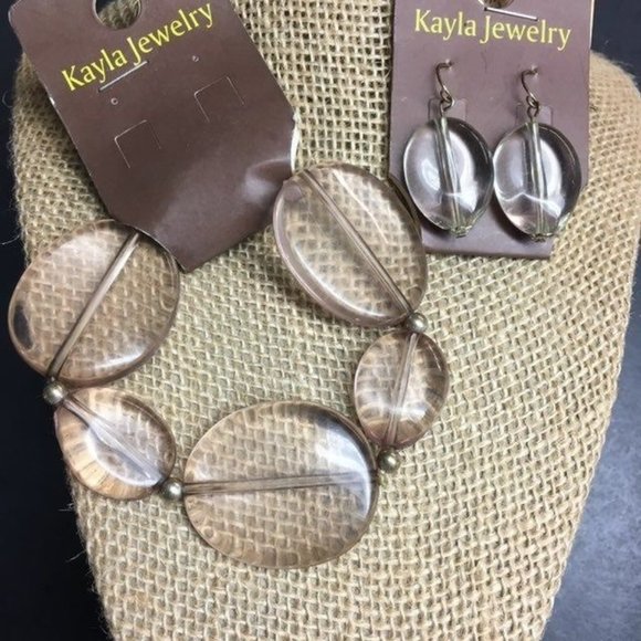 Kayla Bracelet Earrings Translucent Beige Chunky Silver Stretch Organic BoHo - Picture 1 of 4